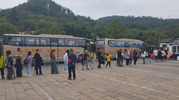 游客有序乘坐擺渡車。陽林玥供圖